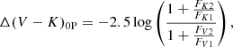 Mathematical equation: $$ \begin{aligned} \Delta (V-K)_{\rm 0P} = -2.5\log \left(\frac{1+ \frac{F_{K2}}{F_{K1}}}{1+ \frac{F_{V2}}{F_{V1}}}\right),\end{aligned} $$
