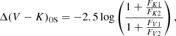 Mathematical equation: $$ \begin{aligned} \Delta (V-K)_{\rm 0S} = -2.5\log \left(\frac{1+ \frac{F_{K1}}{F_{K2}}}{1+ \frac{F_{V1}}{F_{V2}}}\right),\end{aligned} $$