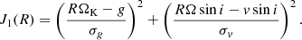 Mathematical equation: $$ \begin{aligned} J_1(R) = \left(\frac{R{\Omega _{\mathrm{K} }}- g}{\sigma _g}\right)^2 + \left(\frac{R\Omega \sin i - v \sin i}{\sigma _v}\right)^2. \end{aligned} $$