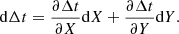 Mathematical equation: $$ \begin{aligned} \mathrm d\Delta t=\frac{\partial \Delta t}{\partial X}\mathrm{d} X+\frac{\partial \Delta t}{\partial Y}\mathrm{d} Y. \end{aligned} $$