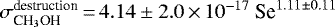 Mathematical equation: $\sigma^{\textrm{destruction}}_{\textrm{CH}_3\textrm{OH}}\,{=}\,4.14\pm2.0\,{\times}\,10^{-17}~\textrm{Se}^{1.11\pm0.11}$