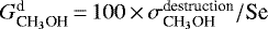 Mathematical equation: ${G}^{\textrm{d}}_{\textrm{CH}_3\textrm{OH}}\,{=}\,100\,{\times}\,\sigma^{\textrm{destruction}}_{\textrm{CH}_3\textrm{OH}}/\textrm{Se}$