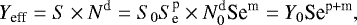 Mathematical equation: \begin{align*} {Y}_{\textrm{eff}} = {S}\times {N}^{\textrm{d}} = {S}_0 {S}_{\textrm{e}}^{\textrm{p}} \times {N}^{\textrm{d}}_0 \textrm{Se}^{\textrm{m}} = {Y}_0 \textrm{Se}^{\textrm{p+m}},\nonumber \end{align*}