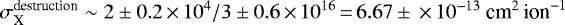 Mathematical equation: $\sigma_{\textrm{X}}^{\textrm{destruction}} \sim 2\pm0.2\,{\times}\,10^{4} / 3\pm0.6\,{\times}\,10^{16} \,{=}\, 6.67\pm\,{\times}\,10^{-13}~\textrm{cm}^2\,\textrm{ion}^{-1}$