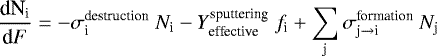 Mathematical equation: \begin{equation*} \frac{\textrm{d{N}}_{\textrm{i}}}{{\textrm{d}{F}}}= -\sigma_{\textrm{i}}^{\textrm{destruction}}~{N}_{\textrm{i}} -{Y}_{\textrm{effective}}^{\textrm{sputtering}}~{f}_{\textrm{i}} + \sum_{\textrm{j}} \sigma_{\textrm{j}\rightarrow {\textrm{i}}}^{\textrm{formation}}~{N}_{\textrm{j}}\end{equation*}