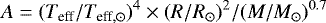 Mathematical equation: \begin{equation*} A=(T_{\textrm{eff}}/T_{\textrm{eff},\odot})^4 \times (R/R_{\odot})^2 / (M/M_{\odot})^{0.7} \vspace*{-2pt}\end{equation*}