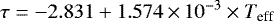 Mathematical equation: \begin{equation*} \tau=-2.831+1.574\,{\times}\,10^{-3} \times T_{\textrm{eff}} \vspace*{-2pt}\end{equation*}
