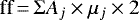 Mathematical equation: \begin{equation*} \textrm{ff}\,{=}\,\Sigma A_j \times \mu_j \times 2 \end{equation*}