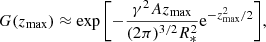 Mathematical equation: $$ \begin{aligned} G(z_{\rm max}) \approx \exp {\left[- \frac{\gamma ^2 A z_{\rm max} }{(2 \pi )^{3/2} R_*^2} \mathrm{e}^{-z_{\rm max}^2/2} \right]}, \end{aligned} $$