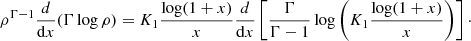 Mathematical equation: $$ \begin{aligned} \rho ^{\Gamma -1} \frac{d}{\mathrm{d}x} (\Gamma \log \rho ) = K_1 \frac{\log (1+x)}{x} \frac{d}{\mathrm{d}x} \left[ \frac{\Gamma }{\Gamma -1} \log \left(K_1 \frac{\log (1+x)}{x} \right) \right]\cdot \end{aligned} $$