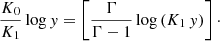 Mathematical equation: $$ \begin{aligned} \frac{K_0}{K_1} \log { y} = \left[\frac{\Gamma }{\Gamma -1} \log \left(K_1 \, { y} \right) \right]\cdot \end{aligned} $$