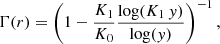 Mathematical equation: $$ \begin{aligned} \Gamma (r) = \left(1 - \frac{K_1}{K_0} \frac{\log (K_1 \, { y})}{\log ({ y})} \right)^{-1}, \end{aligned} $$