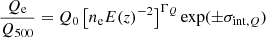 Mathematical equation: $$ \begin{aligned} \frac{Q_{\rm e}}{Q_{500}} = Q_0 \left[n_{\rm e} E(z)^{-2} \right]^{\Gamma _Q} \exp (\pm \sigma _{\mathrm{int},Q}) \end{aligned} $$