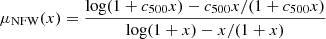 Mathematical equation: $ \mu_{\mathrm{NFW}}(x) = \frac{\log (1 + c_{500} x) - c_{500} x/(1 + c_{500} x)}{\log (1 + x) - x/(1 + x)} $