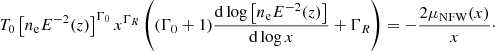 Mathematical equation: $$ \begin{aligned} T_0 \left[n_{\rm e} E^{-2}(z) \right]^{\Gamma _0} x^{\Gamma _R} \left((\Gamma _0 + 1) \frac{\mathrm{d} \log \left[n_{\rm e} E^{-2}(z) \right]}{\mathrm{d} \log x} + \Gamma _R \right) = -\frac{2 \mu _{\rm NFW}(x)}{x}\cdot \end{aligned} $$