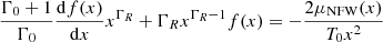 Mathematical equation: $$ \begin{aligned} \frac{\Gamma _0 + 1}{\Gamma _0} \frac{\mathrm{d} f(x)}{\mathrm{d} x} x^{\Gamma _R} + {\Gamma _R} x^{\Gamma _R-1} f(x) = -\frac{2 \mu _{\rm NFW}(x)}{T_0 x^2} \end{aligned} $$