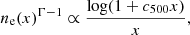 Mathematical equation: $$ \begin{aligned} n_{\rm e}(x)^{\Gamma -1} \propto \frac{\log (1+c_{500} x)}{x}, \end{aligned} $$