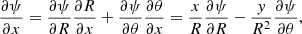 Mathematical equation: $$ \begin{aligned} {\partial \psi \over {\partial x}} ={{\partial \psi }\over {\partial R}}{{\partial R}\over {\partial x}} + {{\partial \psi }\over {\partial \theta }}{{\partial \theta }\over {\partial x}} = {x\over {R}}{{\partial \psi }\over {\partial R}}-{{ y}\over {R^2}}{{\partial \psi }\over {\partial \theta }}, \\ \end{aligned} $$