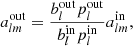 Mathematical equation: $$ \begin{aligned} a_{lm}^\mathrm{out} = \frac{b_l^\mathrm{out}p_l^\mathrm{out}}{b_l^\mathrm{in}p_l^\mathrm{in}}a_{lm}^\mathrm{in}, \end{aligned} $$