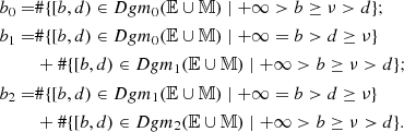 Mathematical equation: $$ \begin{aligned} b_{0} =&\# \{[b,d) \in Dgm_0({{\mathbb{E} }} \cup {{\mathbb{M} }}) \mid +\infty > b \ge \nu > d \} ; \\ \nonumber b_{1} =&\# \{[b,d) \in Dgm_0({{\mathbb{E} }} \cup {{\mathbb{M} }}) \mid +\infty = b > d \ge \nu \} \\ \nonumber &+ \# \{[b,d) \in Dgm_1({{\mathbb{E} }} \cup {{\mathbb{M} }}) \mid +\infty > b \ge \nu > d \} ;\\ \nonumber b_{2} =&\# \{[b,d) \in Dgm_1({{\mathbb{E} }} \cup {{\mathbb{M} }}) \mid +\infty = b > d \ge \nu \} \\ \nonumber &+ \# \{[b,d) \in Dgm_2({{\mathbb{E} }} \cup {{\mathbb{M} }}) \mid +\infty > b \ge \nu > d \} . \end{aligned} $$