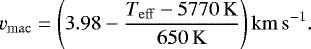 Mathematical equation: \begin{equation*} v_{\mathrm{mac}}=\Bigg(3.98-\frac{T_{\mathrm{eff}}-5770\,\mathrm{K}}{650\, \mathrm{K}}\Bigg)\,\mathrm{km\,s}^{-1} .\end{equation*}