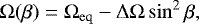 Mathematical equation: \begin{equation*} \Omega(\beta)=\Omega_{\mathrm{eq}}-\Delta\Omega\sin^2\beta, \end{equation*}