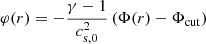 Mathematical equation: $$ \begin{aligned} \varphi (r) = -\frac{\gamma -1}{c_\mathrm{s,0} ^2}\left(\Phi (r)-\Phi _\mathrm{cut} \right) \end{aligned} $$