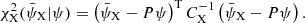 Mathematical equation: $$ \begin{aligned} \chi ^2_\mathrm{X} (\bar{\psi }_\mathrm{X} |\psi )= \left(\bar{\psi }_\mathrm{X} - P \psi \right)^\mathrm{T} C_\mathrm{X} ^{-1} \left( \bar{\psi }_\mathrm{X} - P \psi \right). \end{aligned} $$
