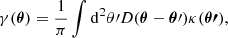 Mathematical equation: $$ \begin{aligned} \gamma ({\boldsymbol{\theta }}) = \frac{1}{\pi } \int \mathrm{d} ^2\theta \prime D({\boldsymbol{\theta }} - {\boldsymbol{\theta }}\prime ) \kappa ({\boldsymbol{\theta \prime }}), \end{aligned} $$