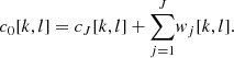 Mathematical equation: $$ \begin{aligned} c_0[k,l]=c_J[k,l]+\overset{J}{\underset{j=1}{\sum }}{ w}_j[k,l]. \end{aligned} $$