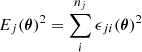 Mathematical equation: $$ \begin{aligned}&E_j(\boldsymbol{\theta })^2 = \sum _i^{n_j} \epsilon _{ji}(\boldsymbol{\theta })^2 \end{aligned} $$