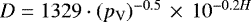 Mathematical equation: $D = 1329\cdot(p_{\textrm{V}})^{-0.5}\,\times\,10^{-0.2H}$