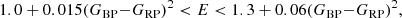 Mathematical equation: $$ \begin{aligned} 1.0 + 0.015(G_{\rm BP}{-}G_{\rm RP})^2 < E < 1.3 + 0.06(G_{\rm BP}{-}G_{\rm RP})^2\nonumber , \end{aligned} $$