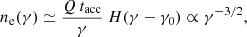 Mathematical equation: $$ \begin{aligned} n_{\rm e}(\gamma ) \simeq \frac{Q\,t_{\rm acc}}{\gamma }~ H(\gamma -\gamma _0) \propto \gamma ^{-3/2}, \end{aligned} $$