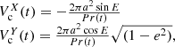 Mathematical equation: $$ \begin{aligned} \begin{array}{lc} V_{\rm c}^X(t) = -\frac{2 \pi a^2 \sin {E}}{Pr(t)}\\ V_{\rm c}^Y(t) = \frac{2 \pi a^2 \cos {E}}{Pr(t)}\sqrt{(1-e^2)}, \end{array} \end{aligned} $$