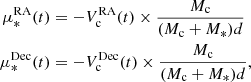 Mathematical equation: $$ \begin{aligned} \mu _*^\mathrm{RA}(t)&= -V_{\rm c}^\mathrm{RA}(t) \times \frac{M_{\rm c}}{(M_{\rm c}+M_*)d} \\ \mu _*^\mathrm{Dec}(t)&= -V_{\rm c}^\mathrm{Dec}(t) \times \frac{M_{\rm c}}{(M_{\rm c}+M_*)d}, \end{aligned} $$