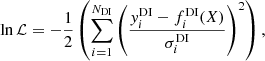 Mathematical equation: $$ \begin{aligned} \mathrm{ln}\,\mathcal{L} = -\frac{1}{2} \left( \sum _{i=1}^{N_{\rm DI}}\left( \frac{y^\mathrm{DI}_i-f_i^\mathrm{DI}(X)}{\sigma _i^\mathrm{DI}}\right)^2\right), \end{aligned} $$