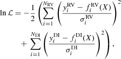 Mathematical equation: $$ \begin{aligned} \ln \mathcal{L}&= -\frac{1}{2} \left( \sum _{i=1}^{N_{\rm RV}}\right.\left( \frac{y^\mathrm{RV}_i-f_i^\mathrm{RV}(X)}{\sigma _i^\mathrm{RV}}\right)^2 \\&\quad + \left. \sum _{i=1}^{N_{\rm DI}}\left(\frac{y^\mathrm{DI}_i-f_i^\mathrm{DI}(X)}{\sigma _i^\mathrm{DI}}\right)^2\right), \end{aligned} $$