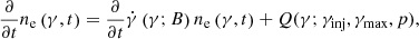Mathematical equation: $$ \begin{aligned} \frac{\partial }{\partial t} n_{\rm e} \left(\gamma , t \right) = \frac{\partial }{\partial t} \dot{\gamma }\left( \gamma ; B \right) n_{\rm e} \left(\gamma , t \right) + Q(\gamma ;{\gamma _{\rm inj}}, {\gamma _{\rm max}}, p) ,\end{aligned} $$
