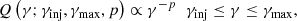Mathematical equation: $$ \begin{aligned} Q\left(\gamma ; {\gamma _{\rm inj}}, {\gamma _{\rm max}} ,p \right) \propto \gamma ^{-p}\;\; {\gamma _{\rm inj}} \le \gamma \le {\gamma _{\rm max}} ,\end{aligned} $$
