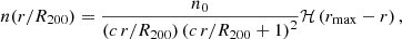 Mathematical equation: $$ \begin{aligned} n(r/R_{\rm 200}) = \frac{n_0}{\left(c\, r/R_{200} \right) \left( c \, r / R_{200} + 1\right)^2} \mathcal{H} \left(r_{\rm max} - r\right), \end{aligned} $$