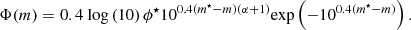 Mathematical equation: $$ \begin{aligned} \Phi (m) = 0.4 \ \mathrm{log}\left(10\right) \phi ^{\star } 10^{0.4 (m^{\star }-m) (\alpha +1)} \mathrm{exp}\left(-10^{0.4 (m^{\star }-m)}\right). \end{aligned} $$