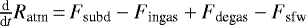 Mathematical equation: $\frac{\textrm{d}}{\textrm{d}t}R_{\textrm{atm}}\,{=}\,F_{\textrm{subd}}-F_{\textrm{ingas}}+F_{\textrm{degas}}-F_{\textrm{sfw}}$