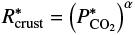 Mathematical equation: \begin{equation*} R_{\textrm{crust}}^*=\left(P_{\textrm{CO_2}}^*\right)^{\alpha}\end{equation*}