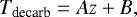 Mathematical equation: \begin{equation*} T_{\textrm{decarb}}=Az+B,\end{equation*}