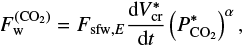 Mathematical equation: \begin{equation*} F_{\textrm{w}}^{\textrm{(CO_2)}}=F_{\textrm{sfw},E}\frac{\mathrm{d}V_{\textrm{cr}}^*}{\mathrm{d}t}\left(P_{\textrm{CO_2}}^*\right)^{\alpha},\end{equation*}