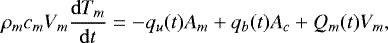 Mathematical equation: \begin{equation*} \rho_m c_m V_m \frac{\mathrm{d}T_m}{\mathrm{d}t}= -q_u(t)A_m +q_b(t)A_c +Q_m(t)V_m,\end{equation*}