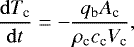 Mathematical equation: \begin{equation*} \frac{\mathrm{d}T_{\textrm{c}}}{\mathrm{d}t}=-\frac{q_{\textrm{b}} A_{\textrm{c}}}{\rho_{\textrm{c}} c_{\textrm{c}} V_{\textrm{c}}},\end{equation*}