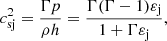 Mathematical equation: $$ \begin{aligned} c_\mathrm{sj} ^2 = \frac{\Gamma p}{\rho h} = \frac{\Gamma (\Gamma -1) \varepsilon _\mathrm{j} }{1 + \Gamma \varepsilon _\mathrm{j} }, \end{aligned} $$