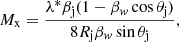 Mathematical equation: $$ \begin{aligned} M_\mathrm{x} &= \frac{\lambda^*\beta_\mathrm{j}(1-\beta_{\it w}\cos{\theta_\mathrm{j}})}{8R_\mathrm{j}\beta_{\it w}\sin{\theta_\mathrm{j}}}, \end{aligned} $$